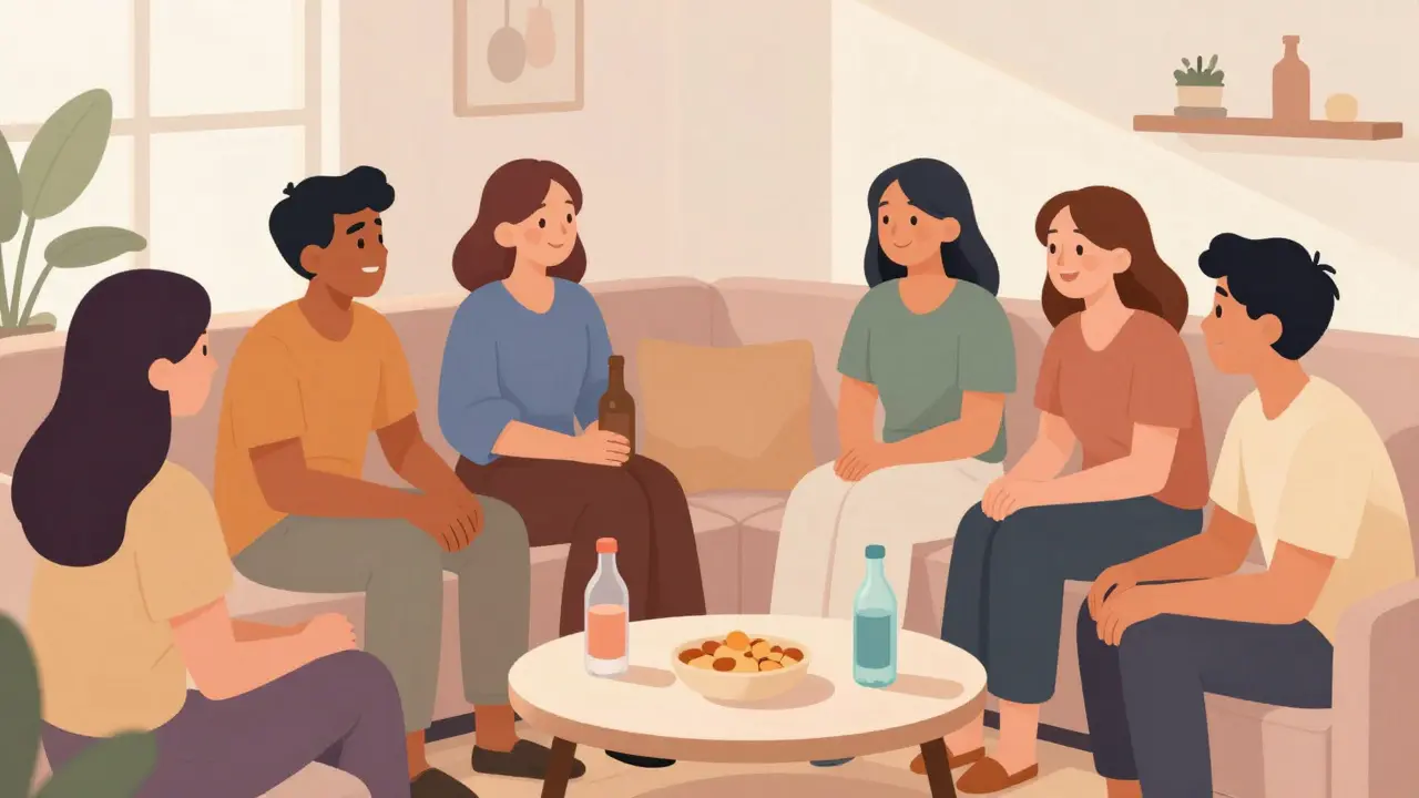 Freunde entspannen sich auf einer Couch und plaudern ohne Alkohol.