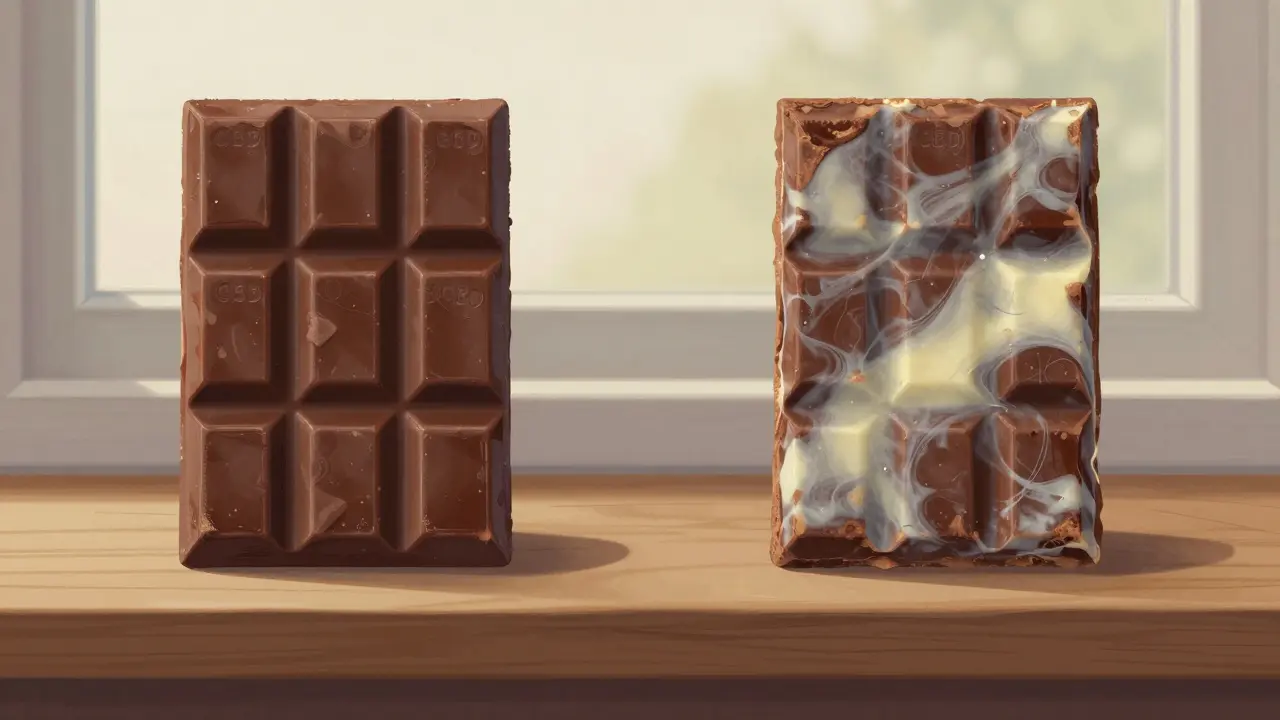 Frische und abgelaufene CBD-Schokolade nebeneinander, mit Kakaobutterausblutung als sichtbares Zeichen des Alterns.