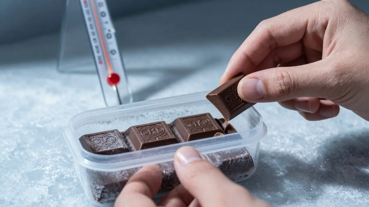 Jemand bricht ein Stück gefrorene CBD-Schokolade aus einem luftdichten Behälter mit Frost auf der Oberfläche.