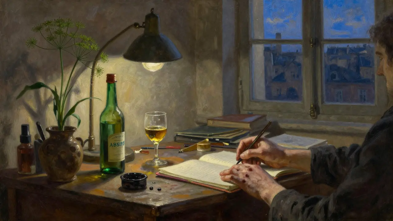 Künstlerisches Studio-Szenario aus dem 19. Jahrhundert mit Absinthflasche, Glas und zerstreuten Kräutern in warmem Licht.