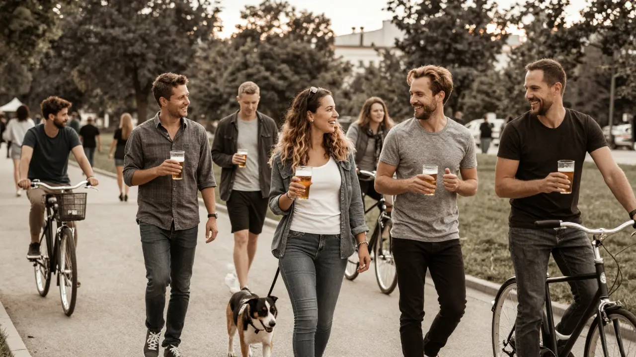 Menschen genießen Bier im Park, während sie spazieren gehen oder Rad fahren.
