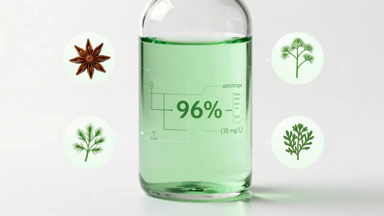 Moderne Absinthflasche mit optischer Darstellung von Ethanol-Wasser-Gemisch und gesetzlichen Thujon-Grenzwerten.