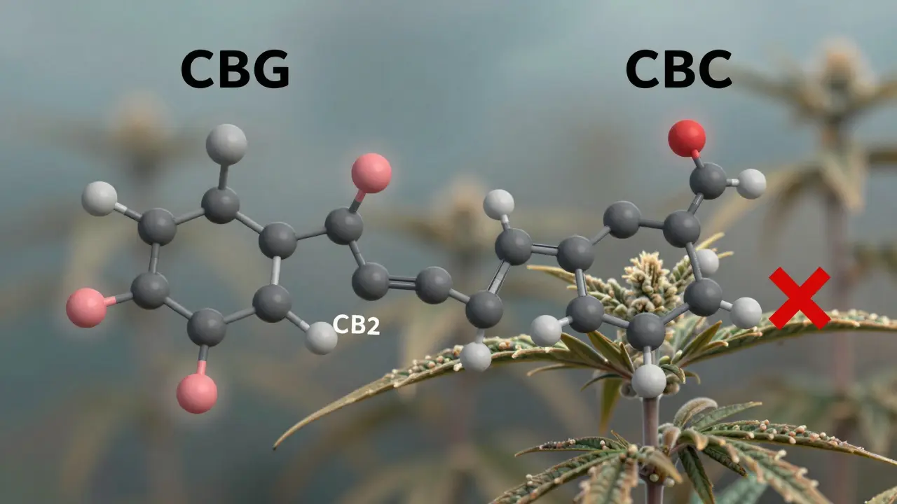 Molekulare Darstellung von CBG und CBD, CBG interagiert mit Hautrezeptoren, THC ist markiert als blockiert.