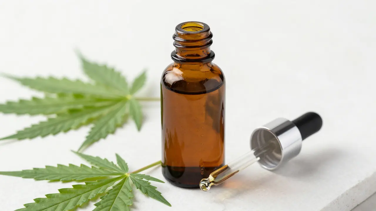 Nahaufnahme von CBD Ölflasche im Laborsetting.