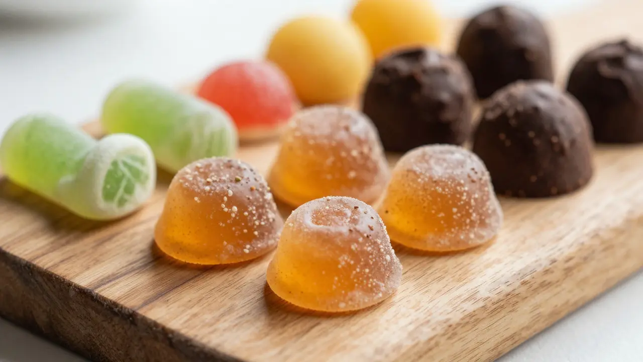 Nahaufnahme von verschiedenen Cannabis-Edibles wie Schokolade und Gummis auf Holz.