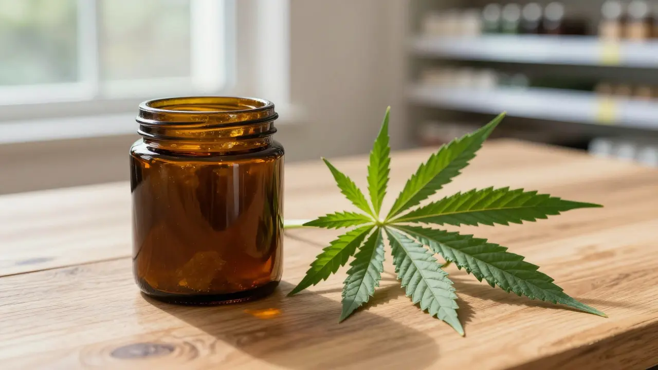 Natürliches Produkt mit Hanfblatt auf hölzernem Tisch.