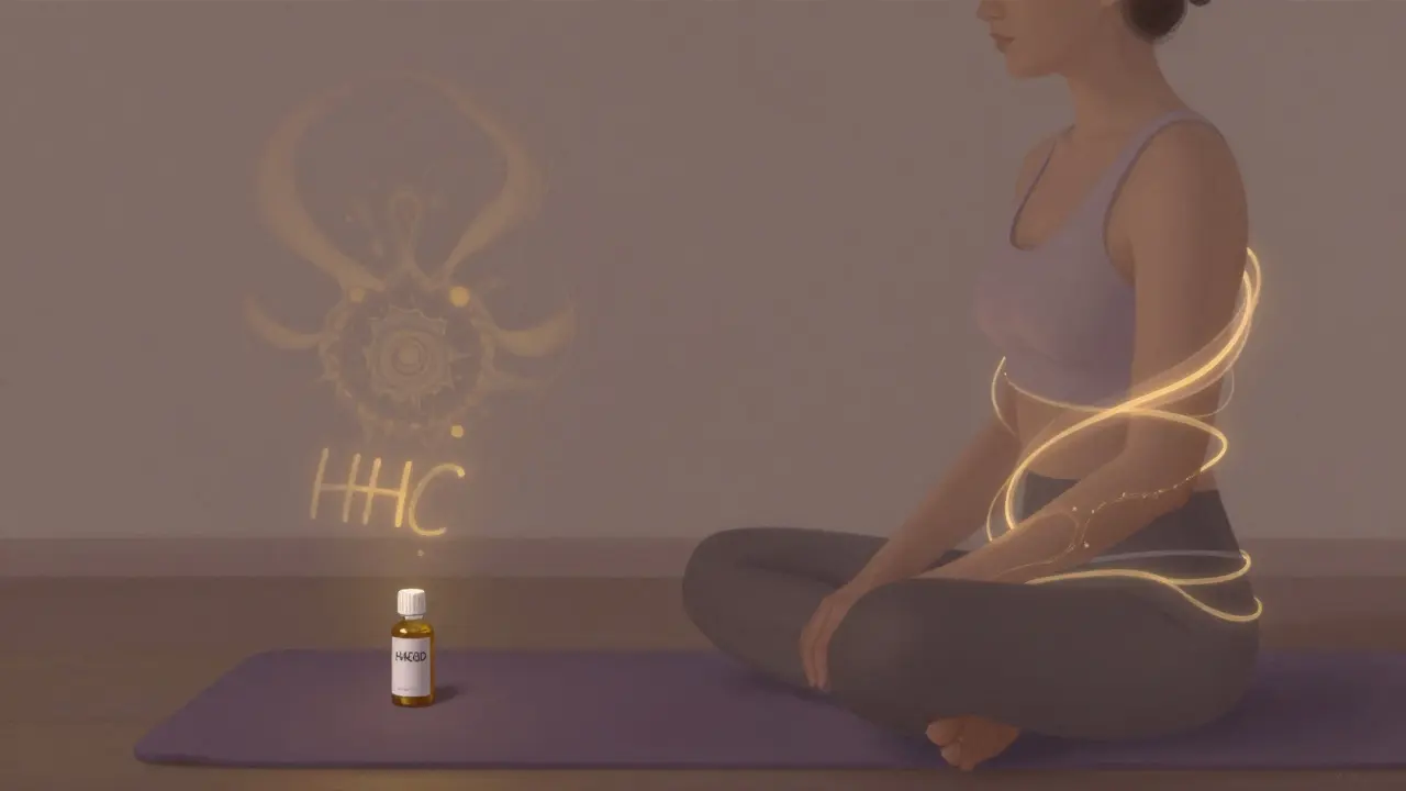Person in entspannter Pose mit H4CBD-Öl, sanfte Lichtströme umgeben sie, symbolisieren Beruhigung.