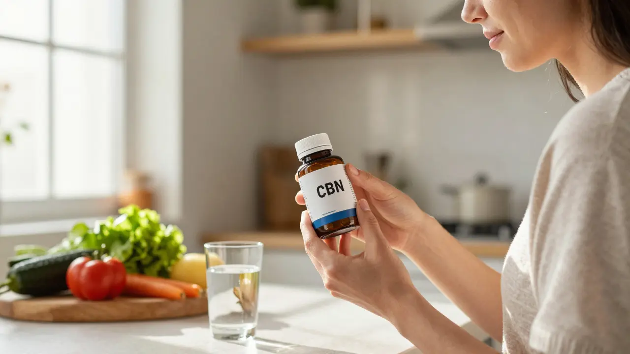 Person in Küche mit CBN-Produkt und Wasserglas bei natürlichem Morgenlicht