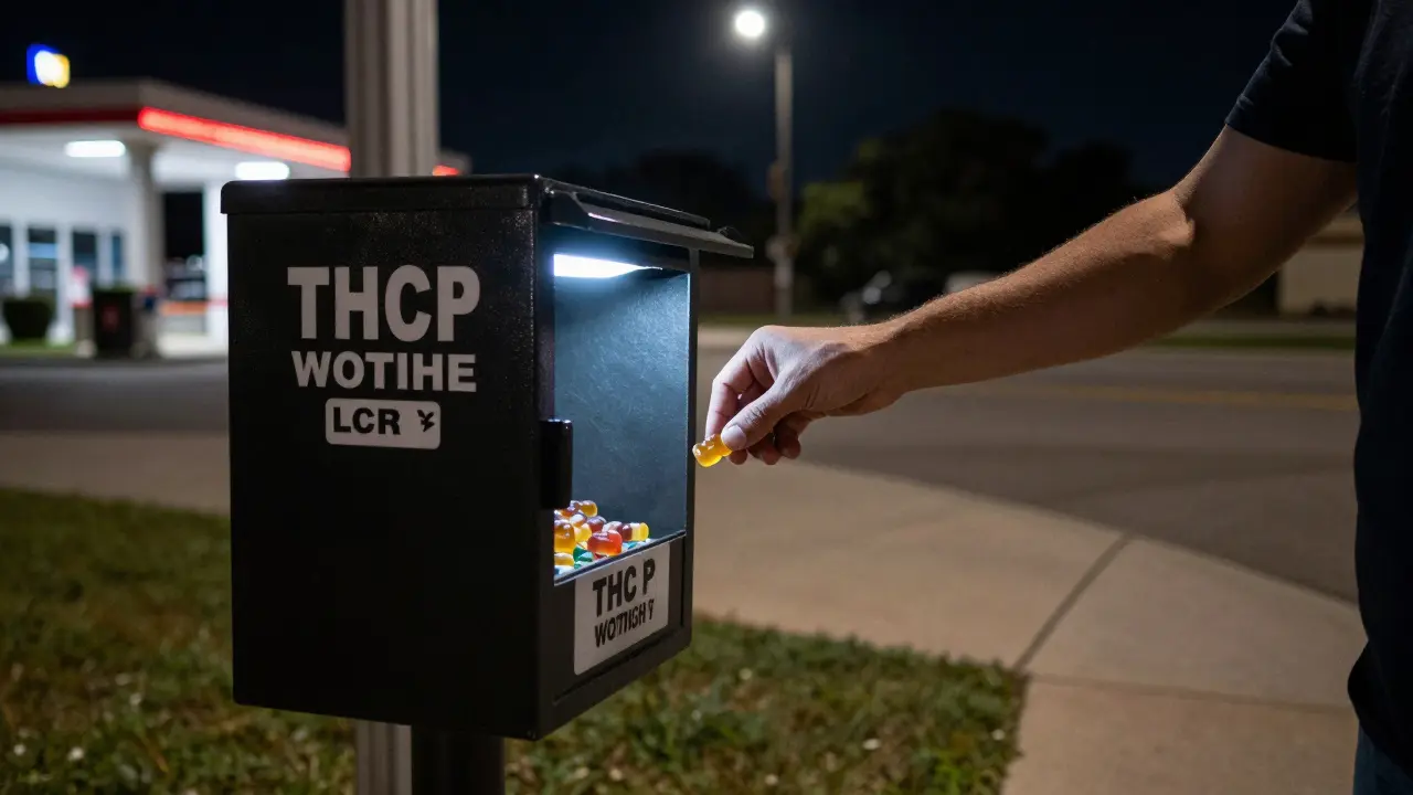 Person wirft eine THCP-Gummibärchen in eine Abgabebox vor einer Polizeistation.