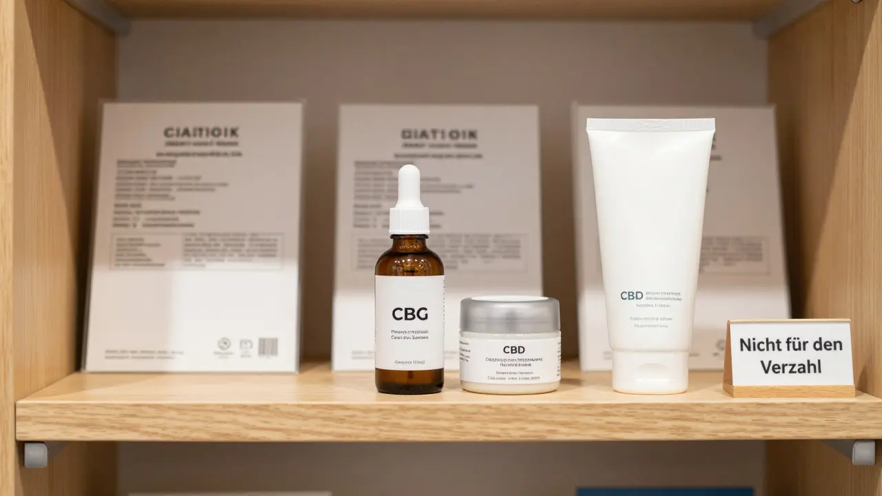 Regal mit CBG-Serum, CBD-Creme und Feuchtigkeitscreme, COA-Zertifikate sichtbar, deutscher Apothekenstil.
