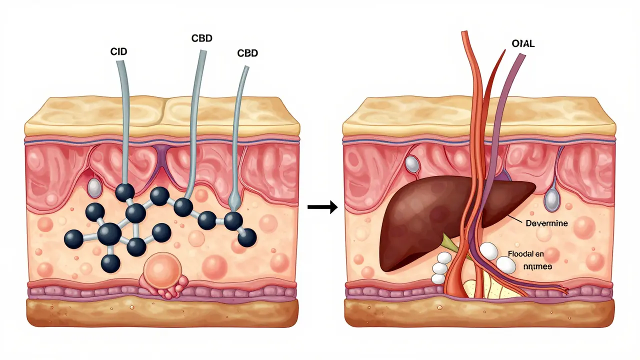 Vergleich der Hautdurchdringung von topischem und oralem CBD in anatomischen Schnittbildern.