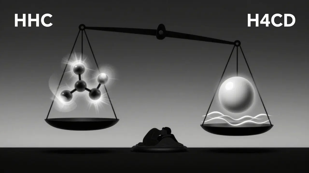 Waage mit HHC und H4CBD als symbolische Moleküle, eine Seite energisch, die andere ruhig und friedvoll.