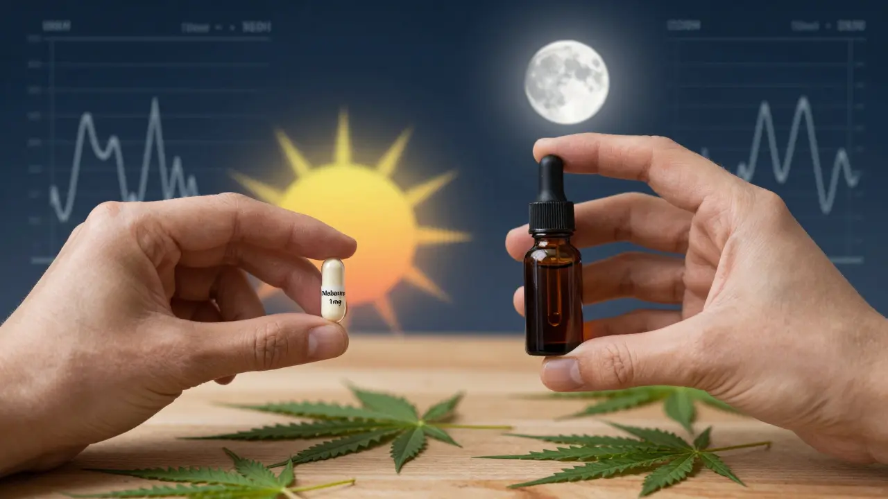 Zwei Hände halten Melatonin-Kapsel und CBN-Öl, mit Sonne und Mond im Hintergrund, symbolisieren unterschiedliche Schlafunterstützung.