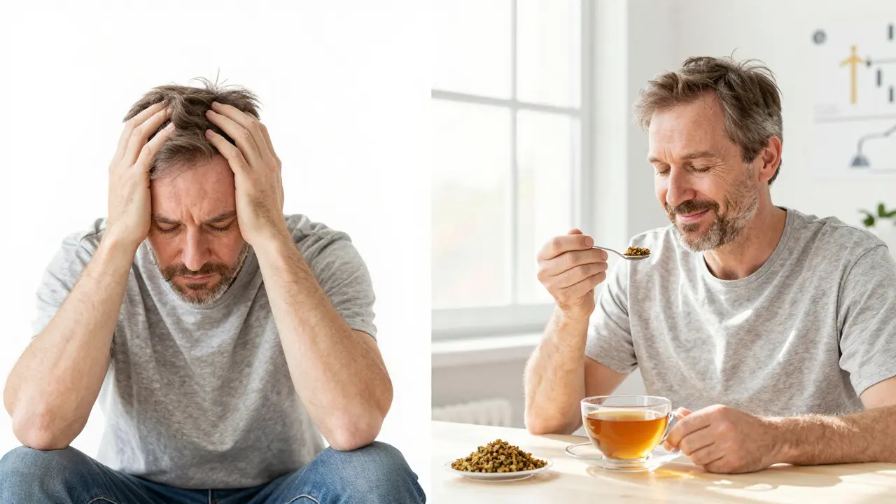 Zwei Szenen: eine Person nach zu hoher Dosis und dieselbe nach richtiger Dosis mit Tee.