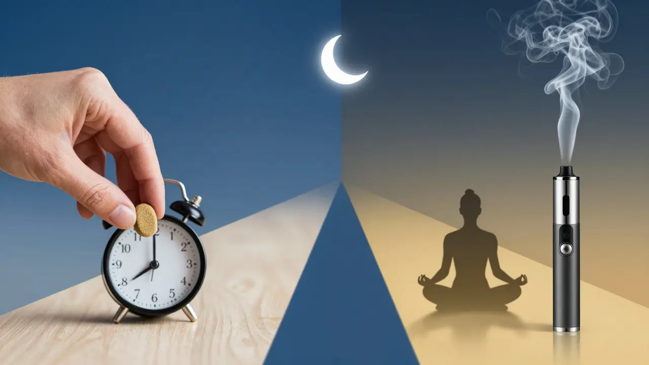 Zwei Wege: ein Pellet unter der Zunge und Crumble im Vaporizer, vereint in einer meditierenden Silhouette.