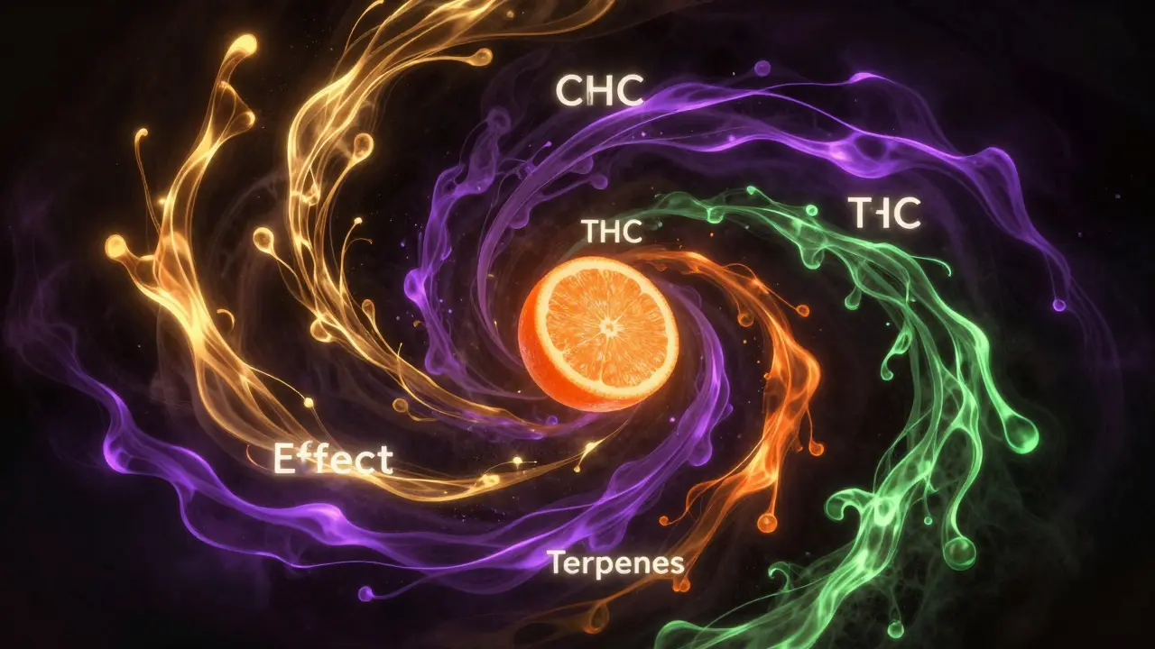 Abstrakte Darstellung des Entourage-Effekts durch farbige Lichtströme
