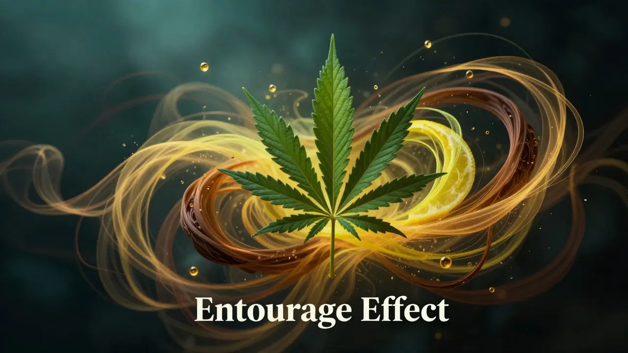 Abstrakte Darstellung des Entourage-Effekts mit einem Hanfblatt und farbigen Terpen-Schleiern.