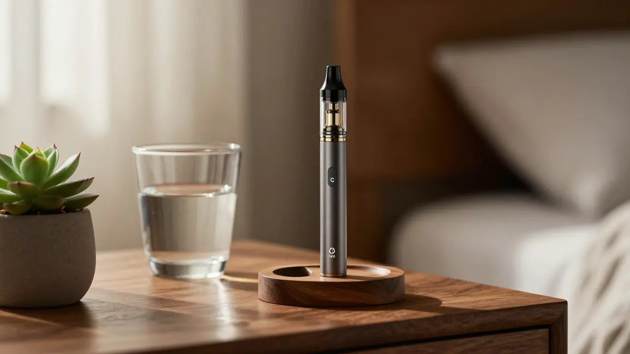 Aufrecht stehender CBD-Vape-Pen in einem Halter auf einem Nachttisch.