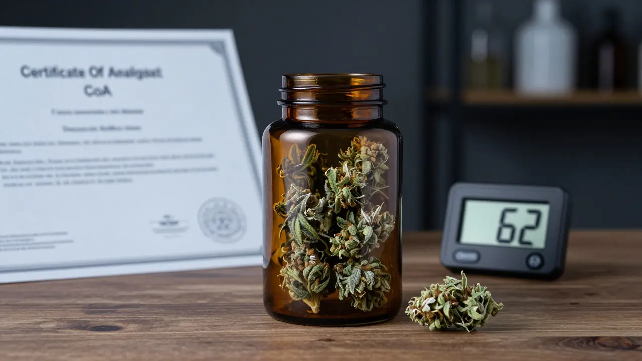 CBD-Blüten in einem Glasgefäß mit Hygrometer und Analysezertifikat