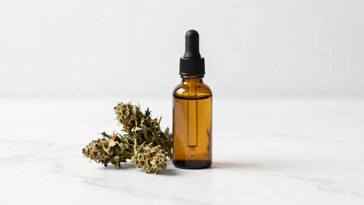 CBD-Öl in einer Braunglasflasche neben hochwertigen Hanfblüten auf weißem Marmor.