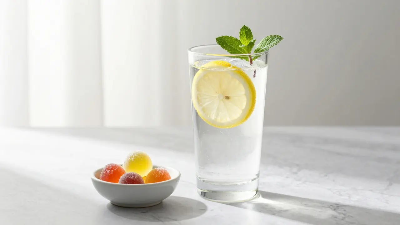 Ein alkoholfreies Getränk mit Zitrone und CBD-Gummies in einer hellen, modernen Umgebung.