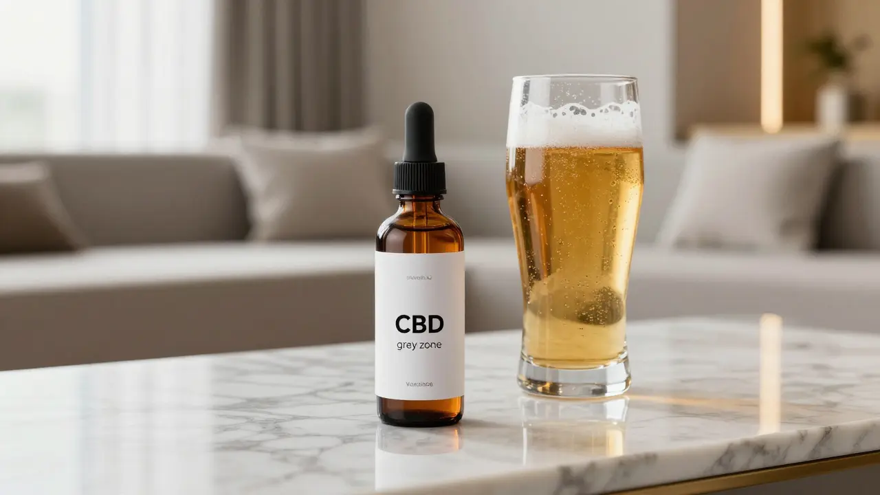 Eine moderne Flasche CBD-Öl neben einem Glas Bier in einem luxuriösen Istanbuler Lounge-Ambiente.