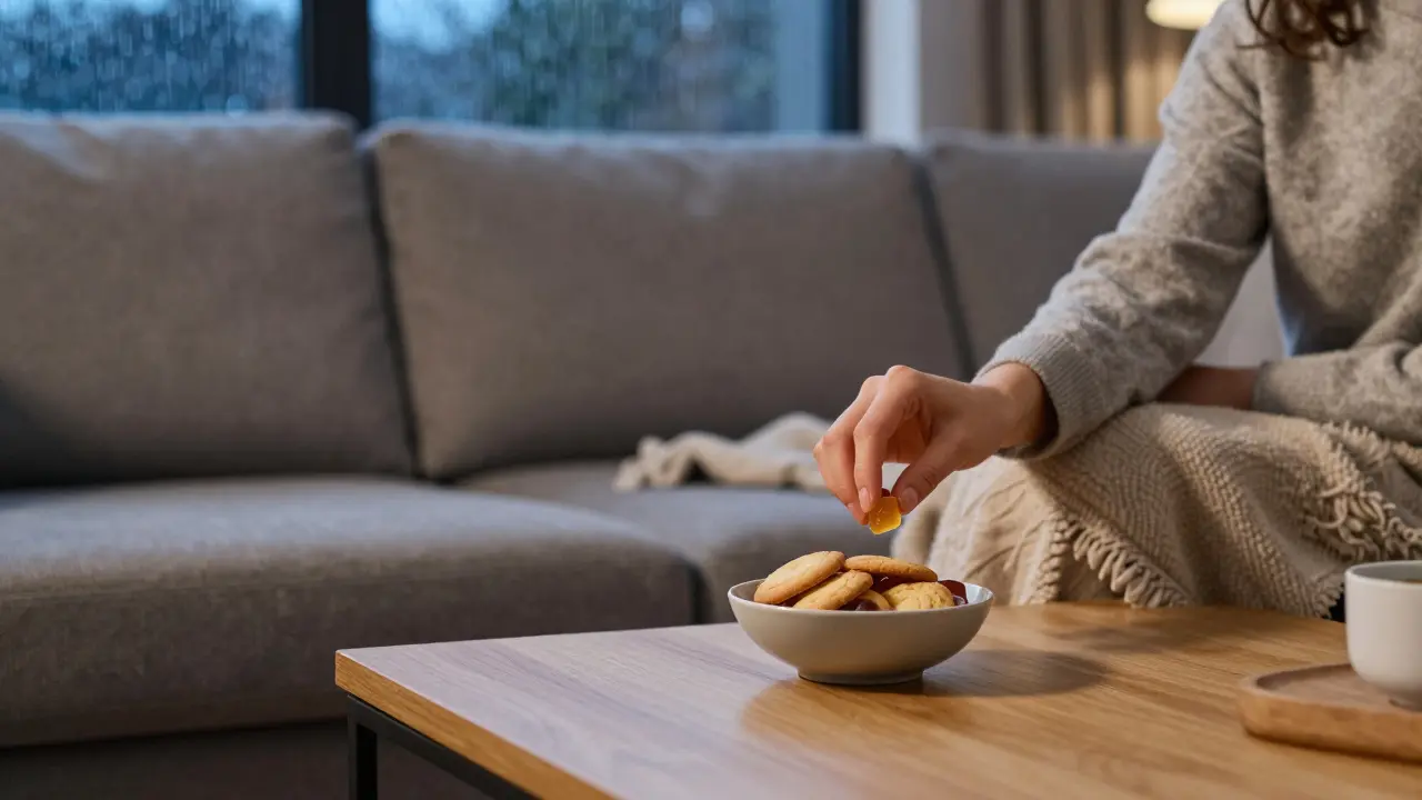 Eine Person entspannt auf einem Sofa und genießt diskret ein CBD-Edible.