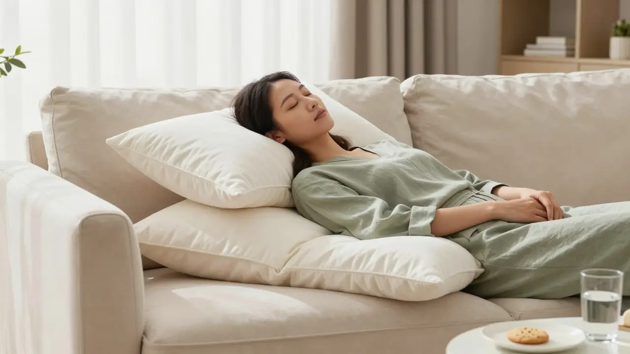 Entspannte Person auf einem weichen Sofa in einer ruhigen, hellen Wohnzimmeratmosphäre.