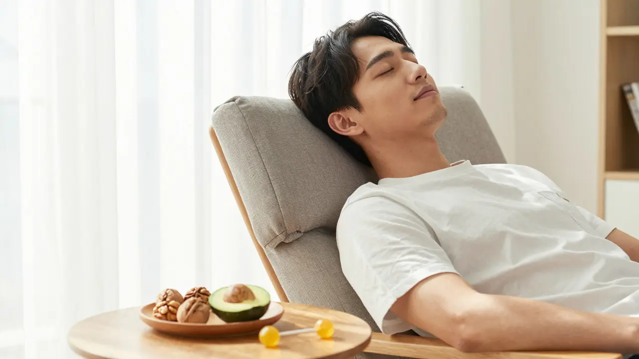 Entspannte Person mit gesunden Fetten und einem CBD-Lolly.