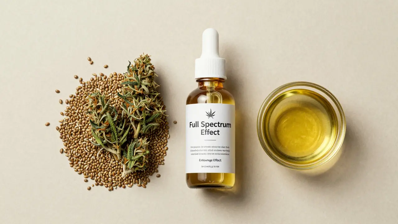 Flat-Lay-Fotografie von Vollspektrum-Hanfprodukten, Samen und CBD-Öl in natürlicher Optik.