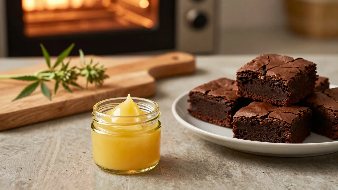Frisch gebackene CBD-Brownies und ein Glas CBD-Butter in einer gemütlichen Küche.