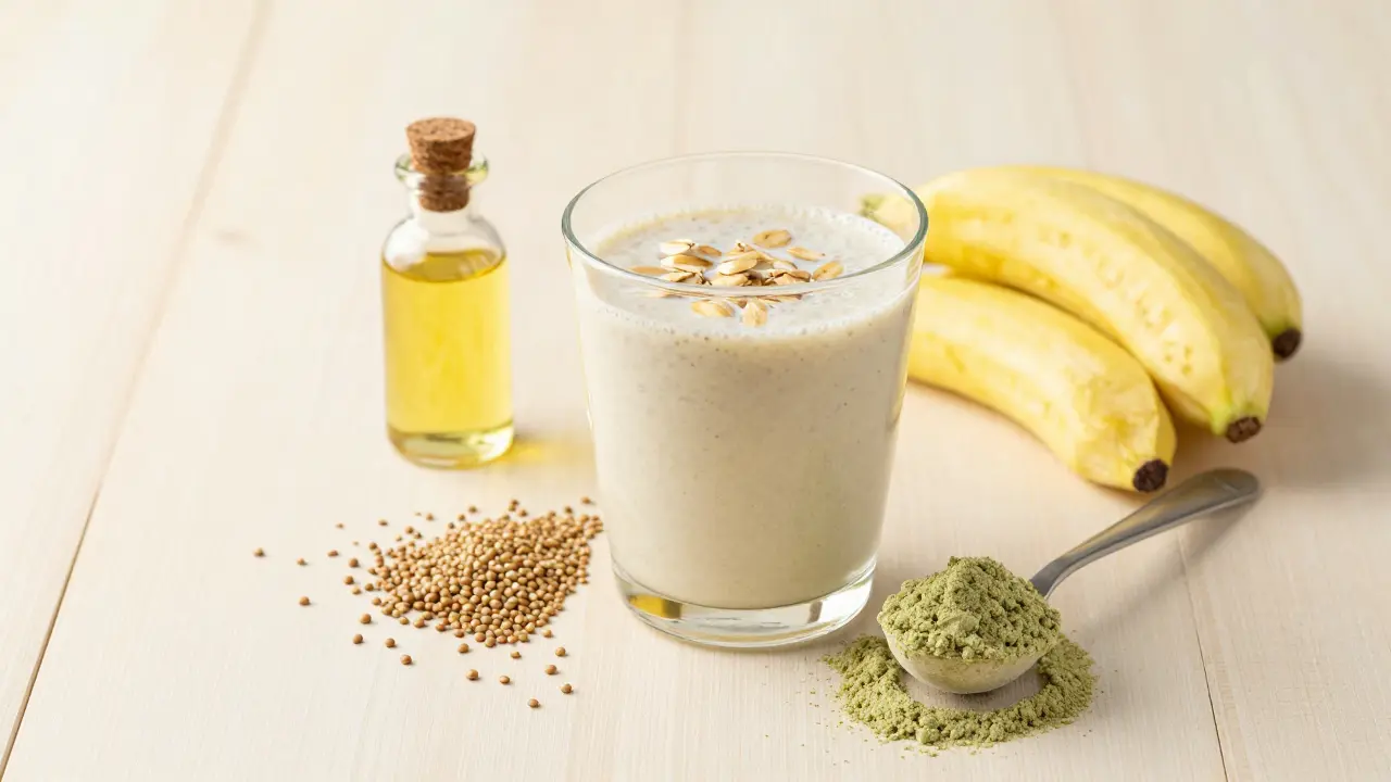 Gesunder Smoothie mit Hanfprotein, Hanfsamen und Hanföl auf einem Holztisch.