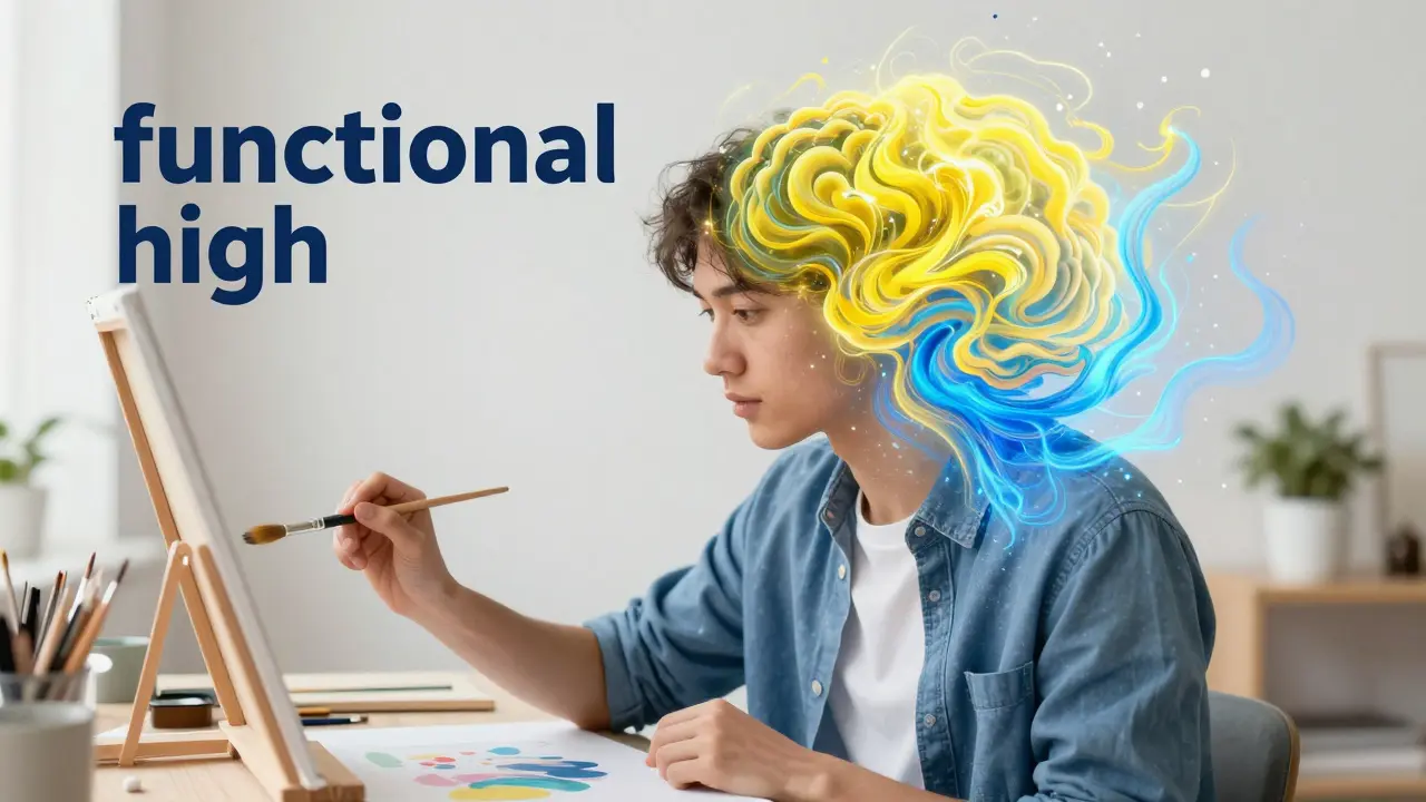 Konzeptbild eines fokussierten Künstlers mit einer energiegeladenen mentalen Aura