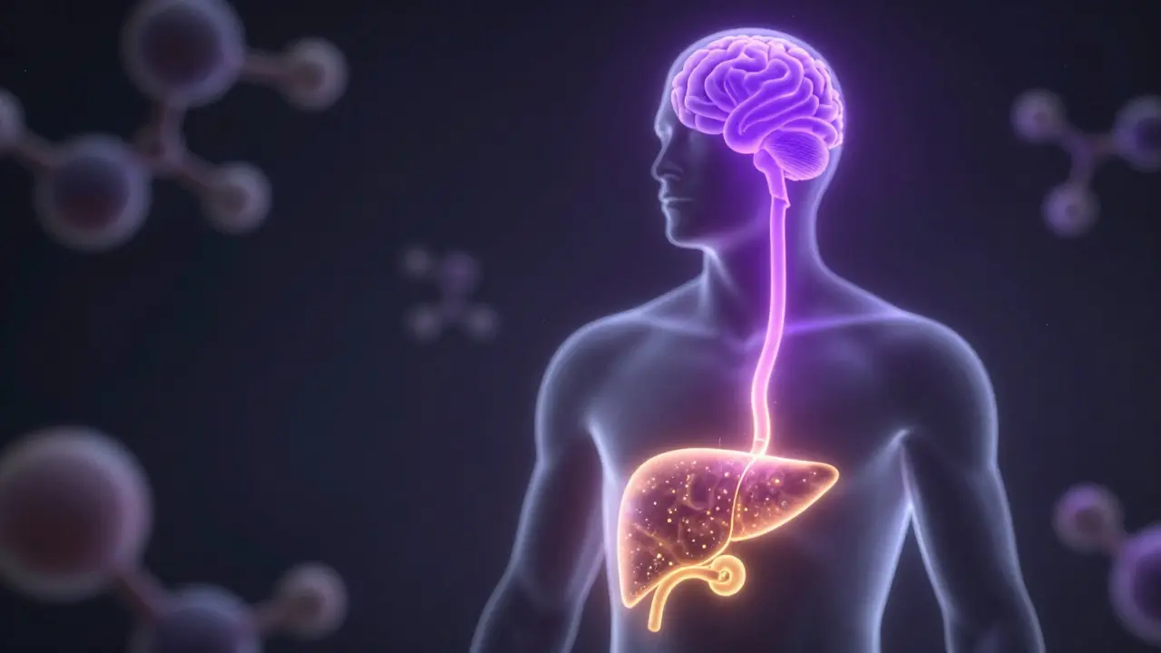Konzeptionelle Darstellung des THC-Stoffwechsels von der Leber zum Gehirn.