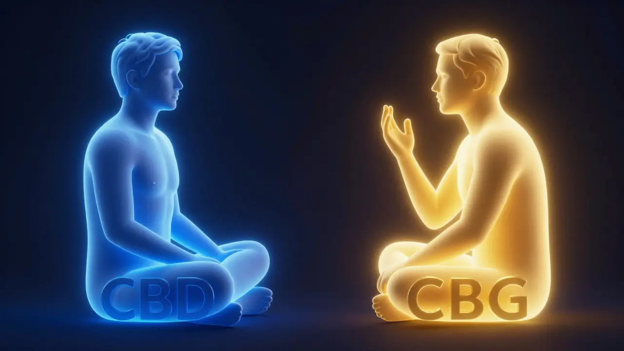 Konzeptuelle Darstellung der beruhigenden CBD-Wirkung und des CBG-Fokus.
