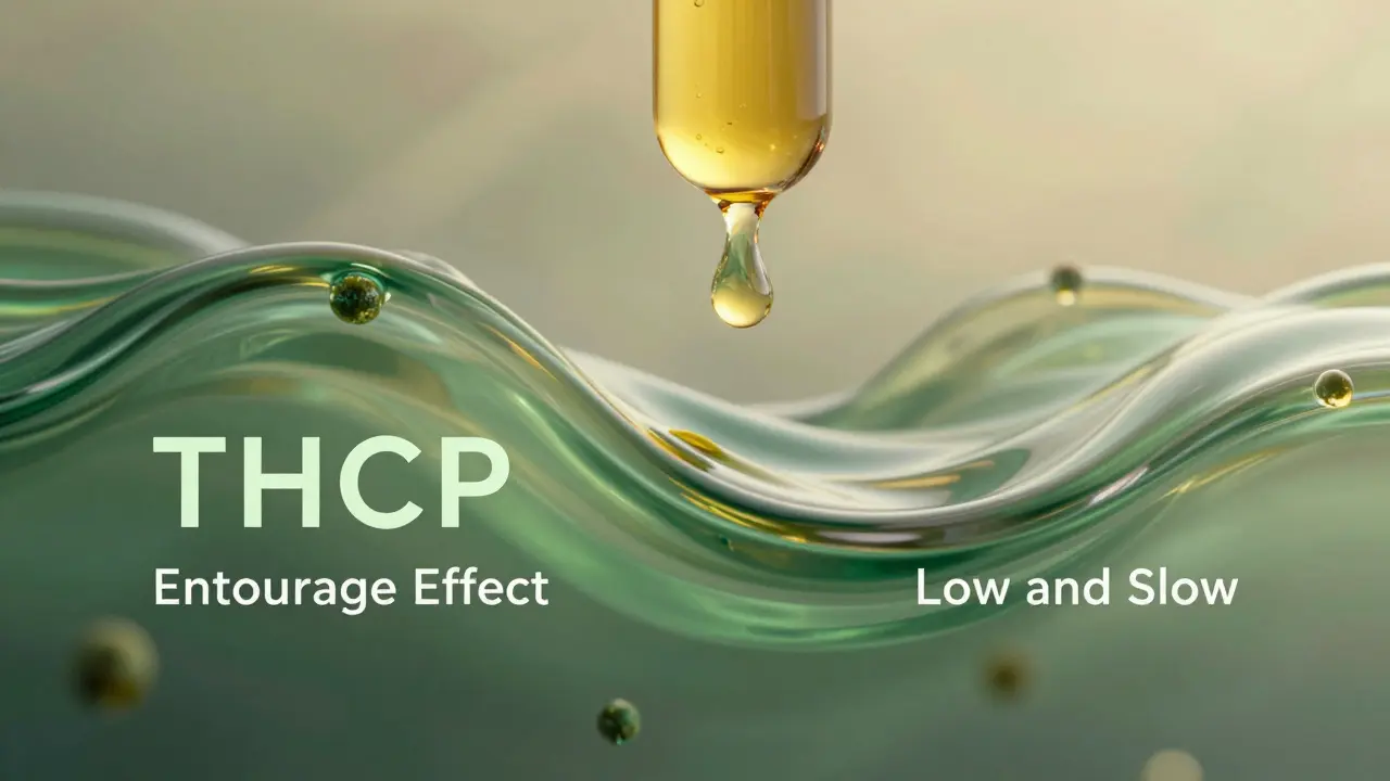 Konzeptuelle Darstellung der Synergie zwischen THCP, CBD und Terpenen.