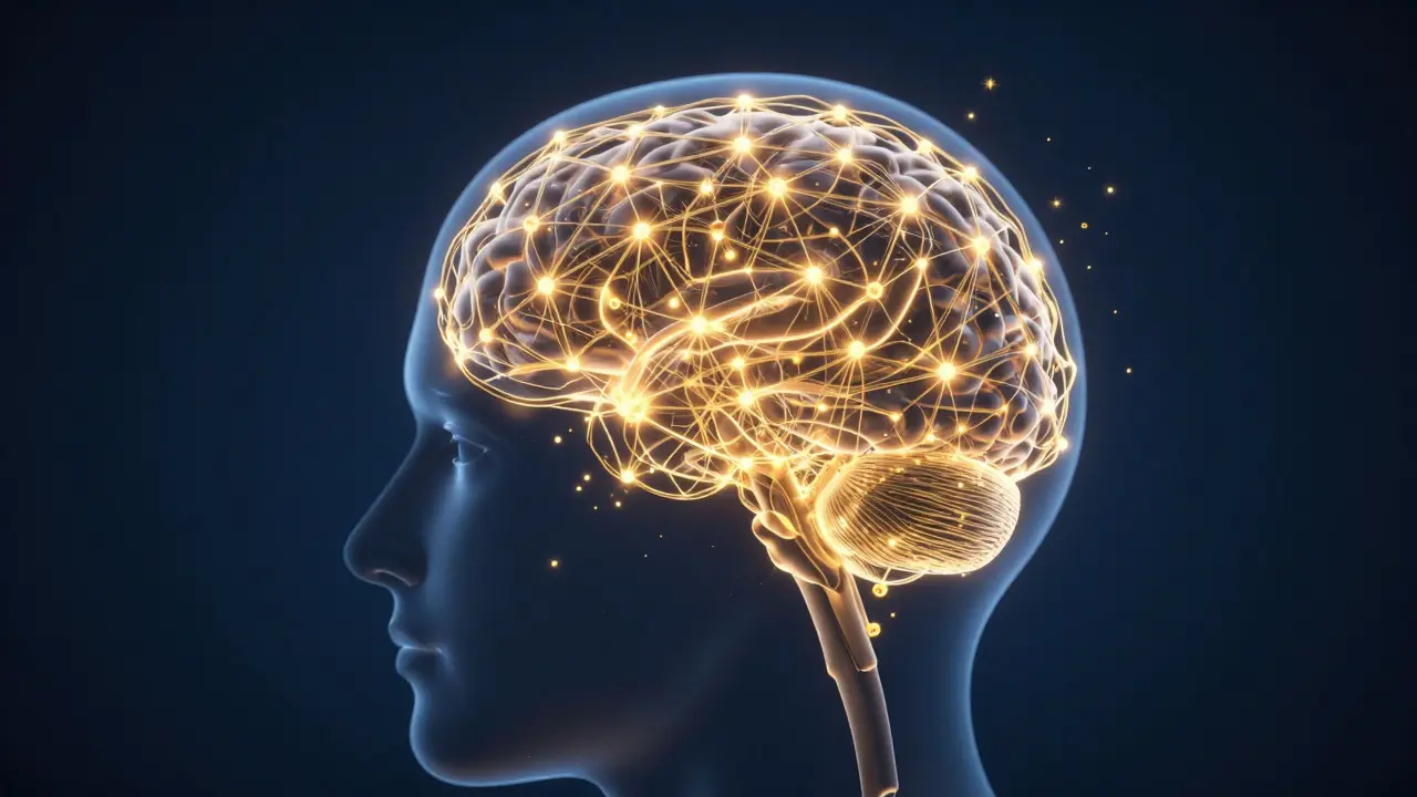 Konzeptuelle Darstellung des Endocannabinoid-Systems im menschlichen Körper mit leuchtenden Rezeptoren.