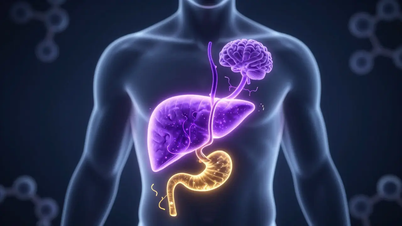 Konzeptuelle Darstellung des THC-Weges vom Magen über die Leber zum Gehirn.