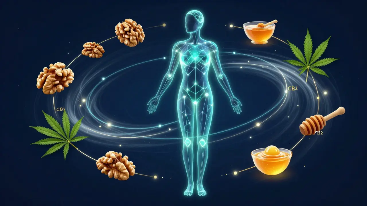 Konzeptuelle Illustration des Endocannabinoid-Systems mit glühenden Rezeptoren im Körper.