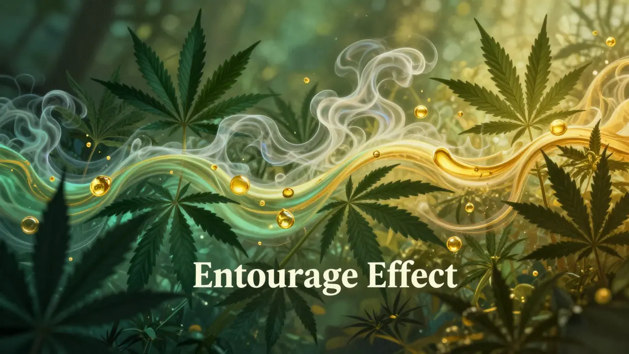 Künstlerische Darstellung des Entourage-Effekts mit botanischen Elementen.