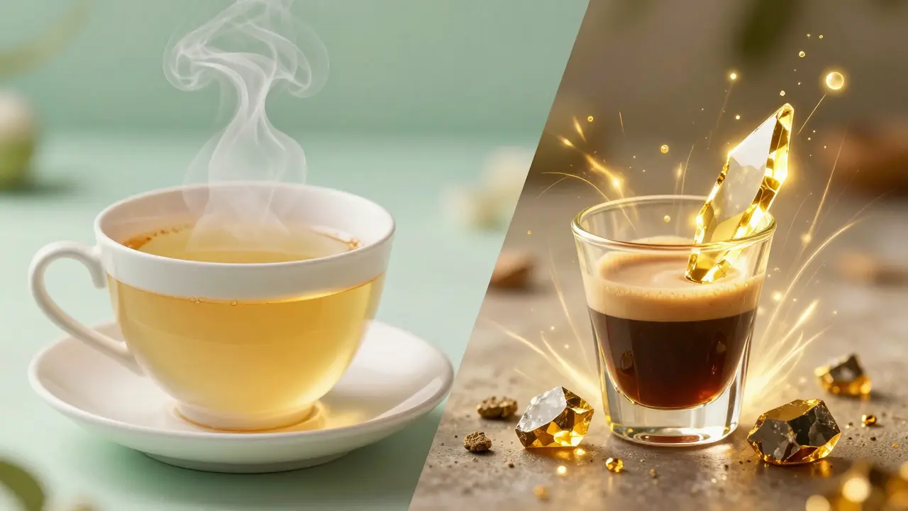 Künstlerischer Vergleich zwischen einer sanften Tasse CBD-Tee und einem intensiven CBD-Shatter-Kristall.