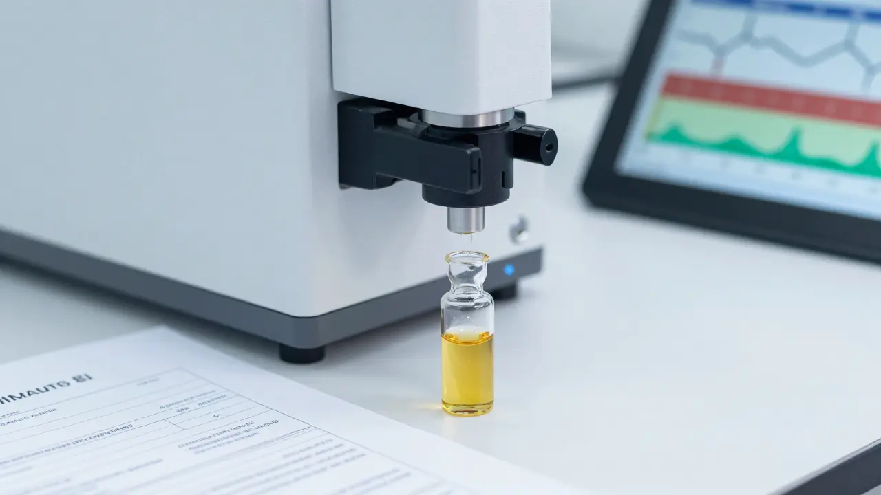 Laborausrüstung und Ölflasche zur Analyse der THCP-Reinheit mittels HPLC.