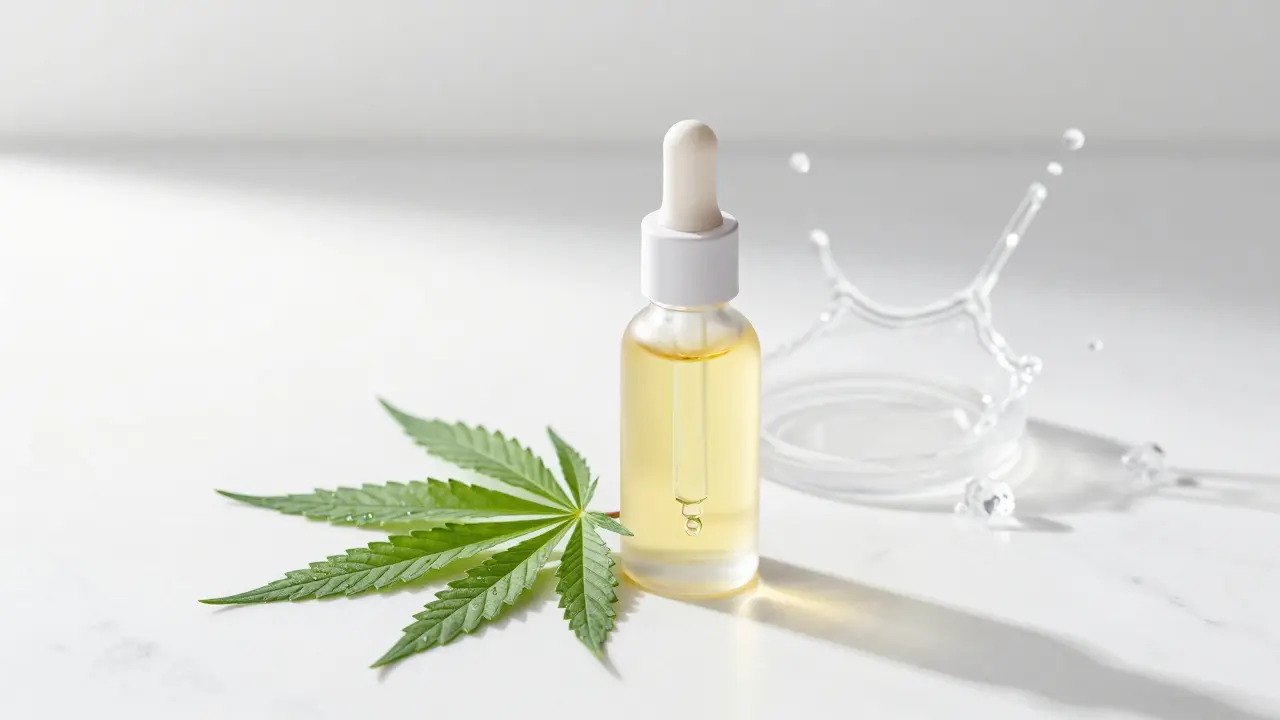 Luxuriöse Hautpflegeflasche mit Hanfblatt auf weißem Marmor.