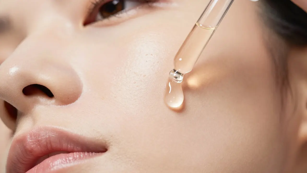 Makroaufnahme eines CBG-Gesichtsserums, das auf die Haut aufgetragen wird.