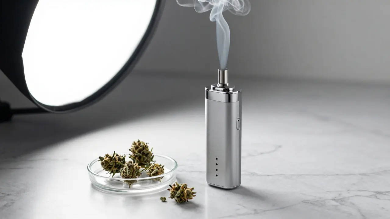 Moderner Vaporizer mit aufsteigendem Dampf und CBD-Blüten auf einer Marmorfläche.