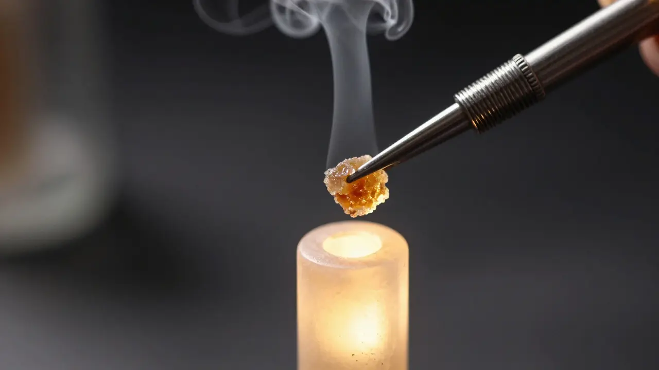 Nahaufnahme eines Metall-Tools, das CBD Shatter auf einen erhitzten Quarz-Nail auflegt.