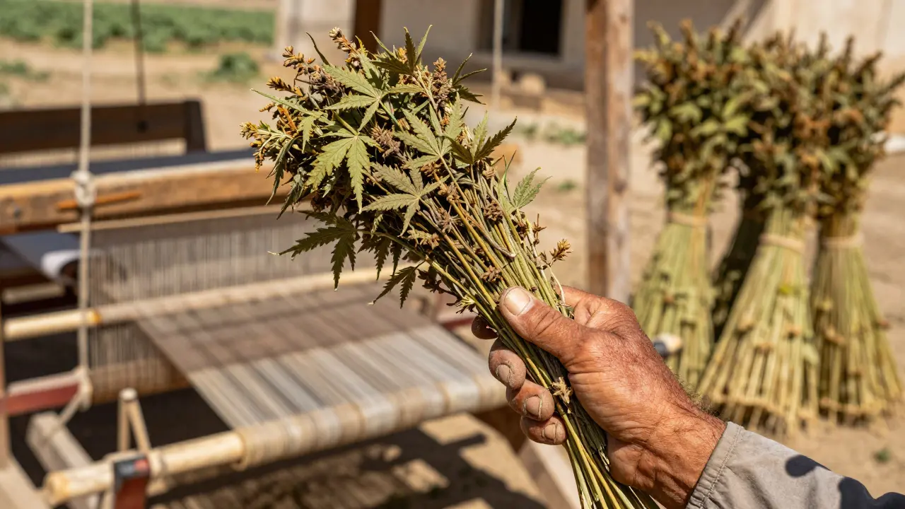 Nahaufnahme von industriellen Hanffasern in einer traditionellen anatolischen Agrarumgebung.