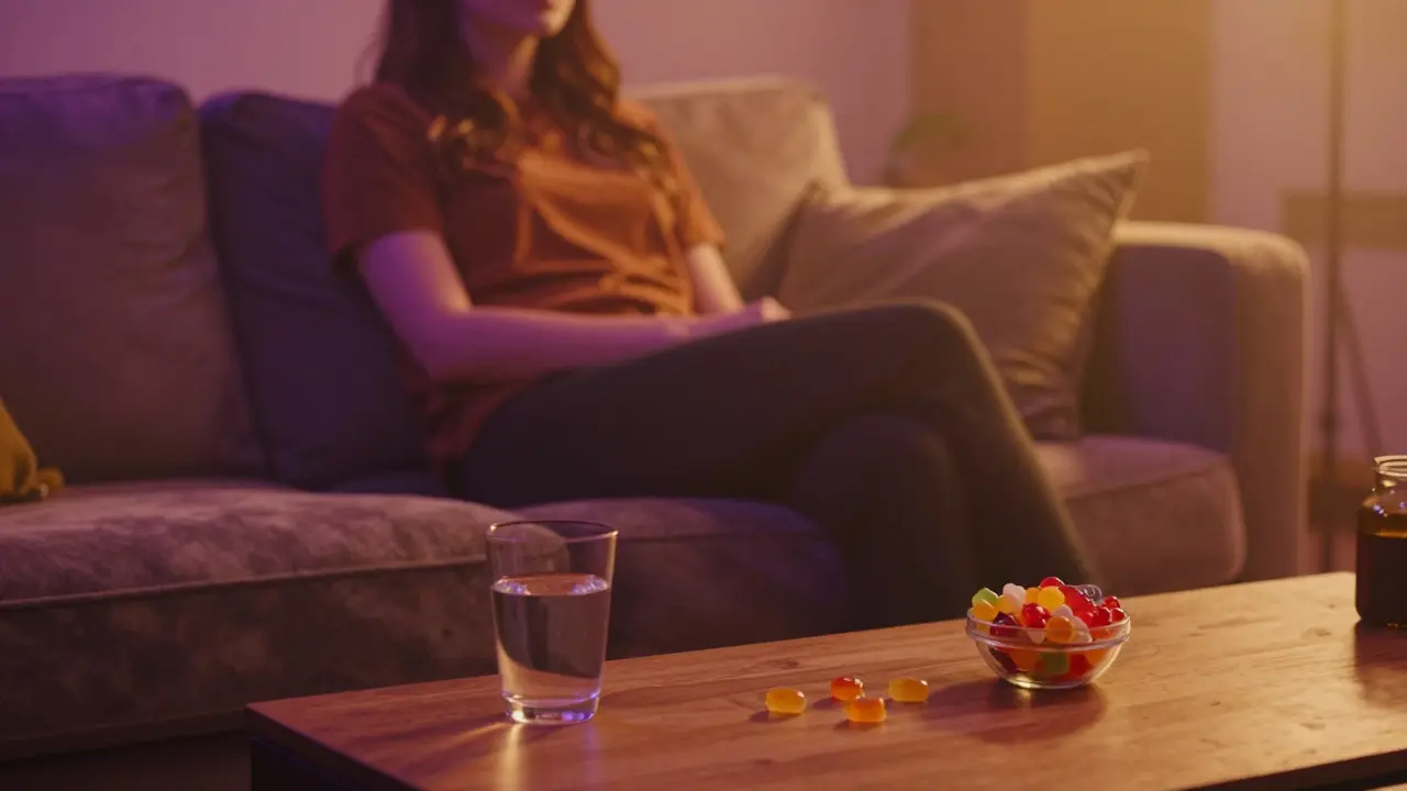 Person entspannt auf einem Sofa in einer warmen, atmosphärischen Umgebung mit Gummies.