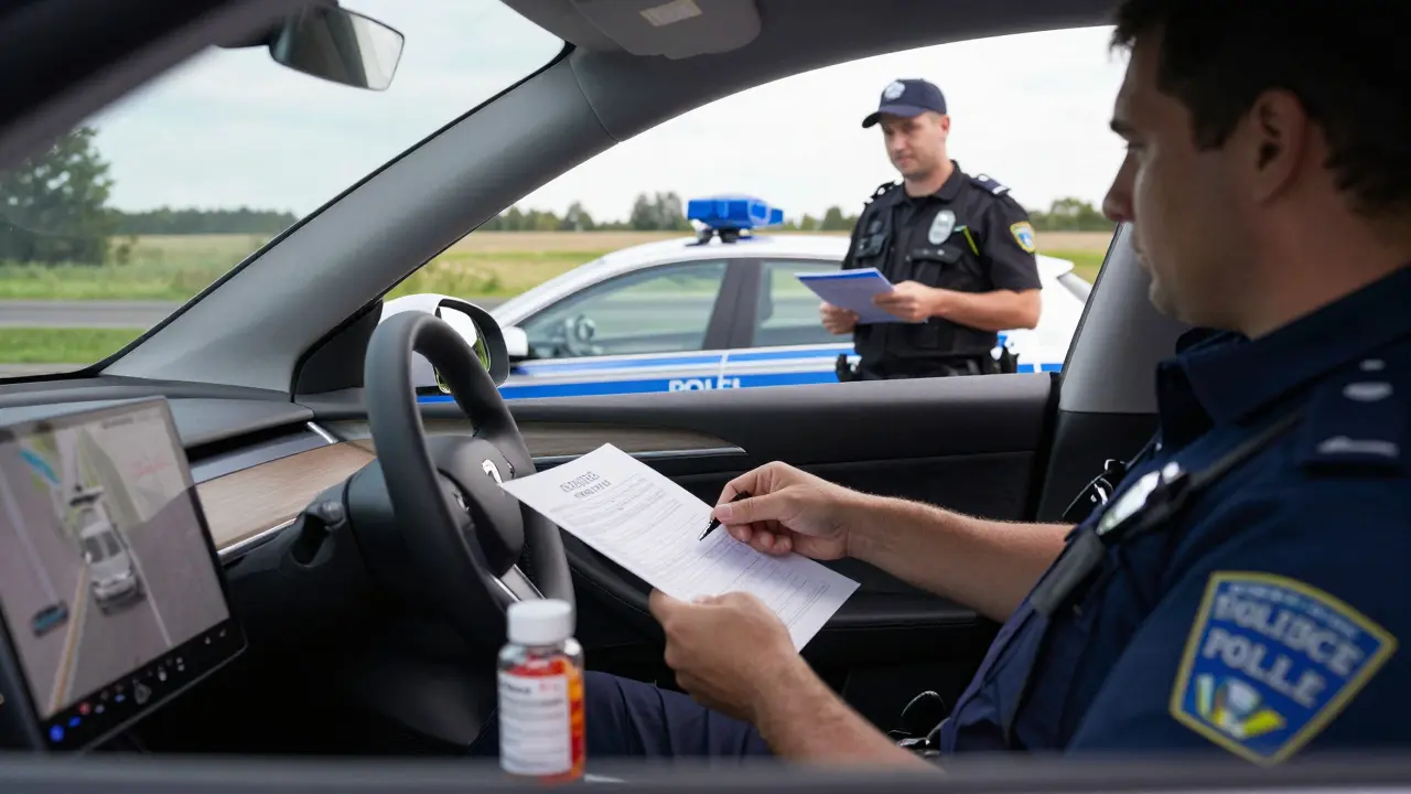 Polizeikontrolle am Straßenrand mit einer Packung CBD-Gummies auf dem Beifahrersitz.
