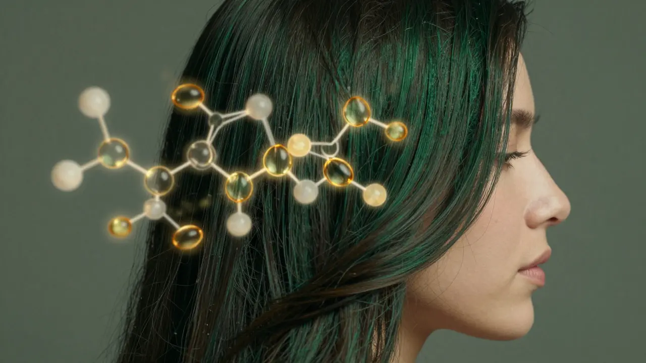 Profil eines Menschen mit kräftigem, voluminösem Haar und abstrakten Nährstoffsymbolen.